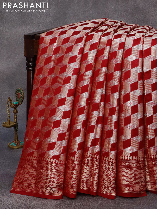 Chiniya silk saree red and green with allover zari woven geometric weaves and zari woven border