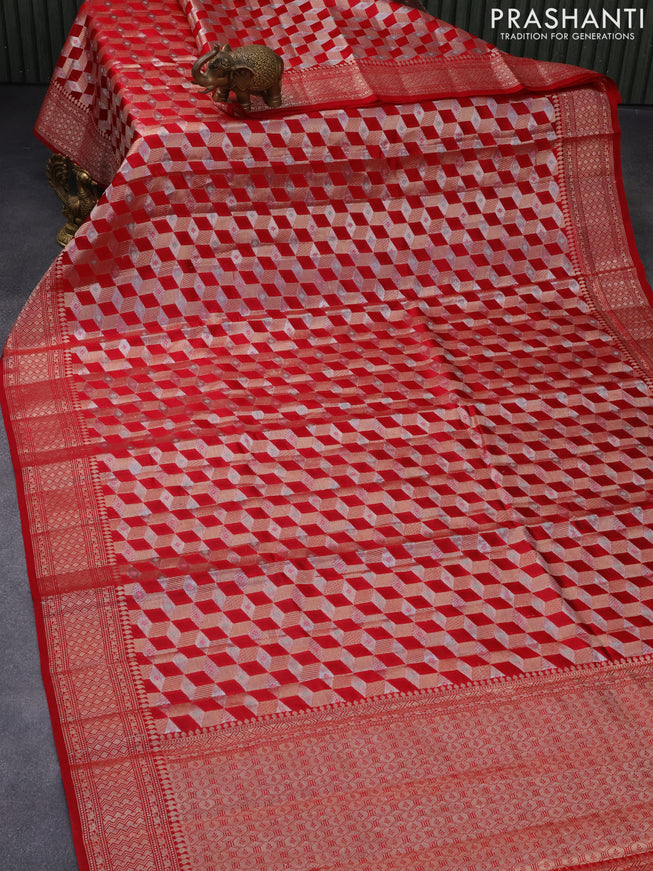 Chiniya silk saree red and green with allover zari woven geometric weaves and zari woven border