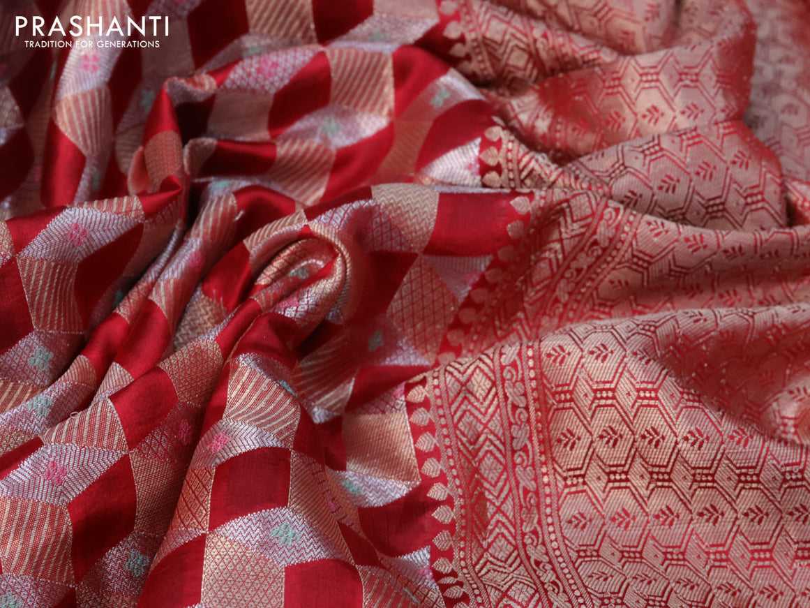 Chiniya silk saree red and green with allover zari woven geometric weaves and zari woven border