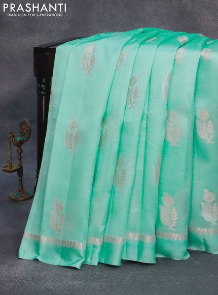 Chiniya silk saree teal green with zari woven buttas and zari woven simple border