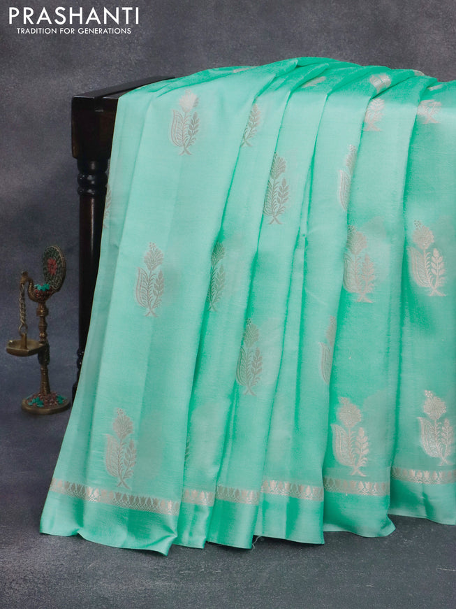 Chiniya silk saree teal green with zari woven buttas and zari woven simple border