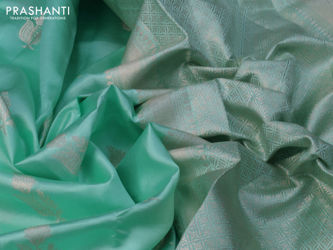 Chiniya silk saree teal green with zari woven buttas and zari woven simple border