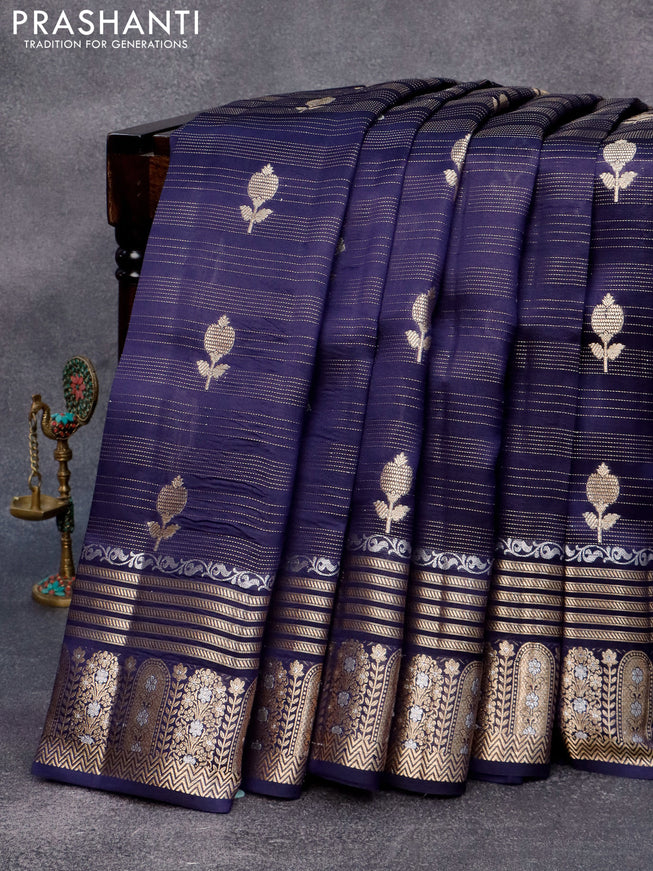 Chiniya silk saree navy blue and red with allover zari weaves and zari woven border