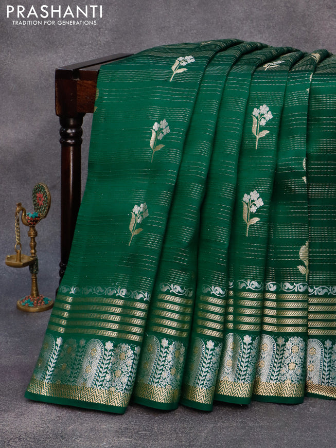 Chiniya silk saree green and red with allover zari weaves and zari woven border