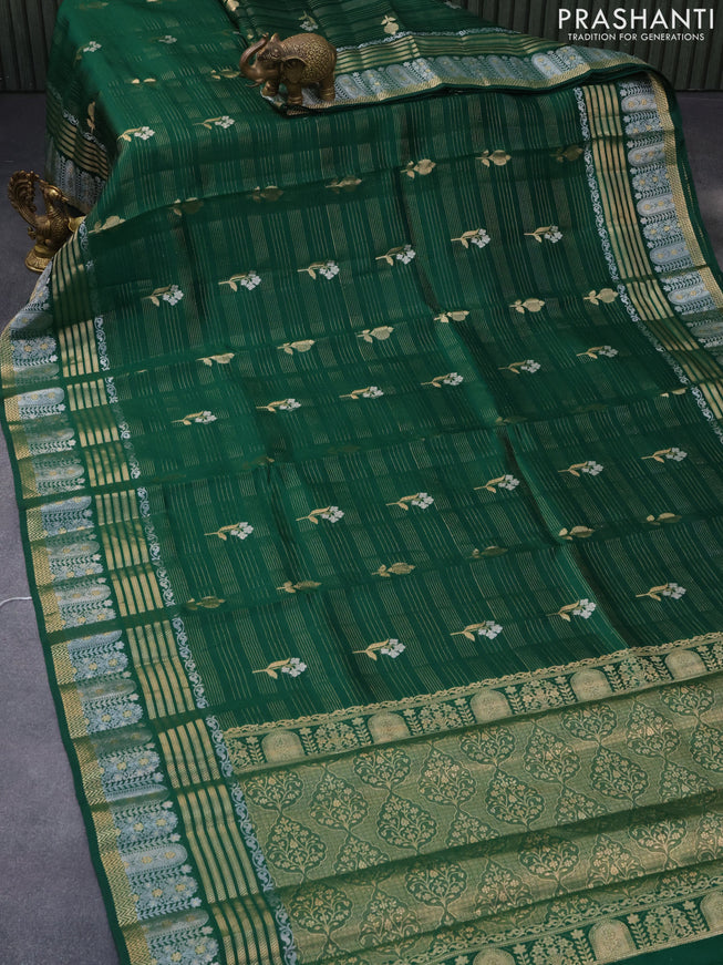 Chiniya silk saree green and red with allover zari weaves and zari woven border