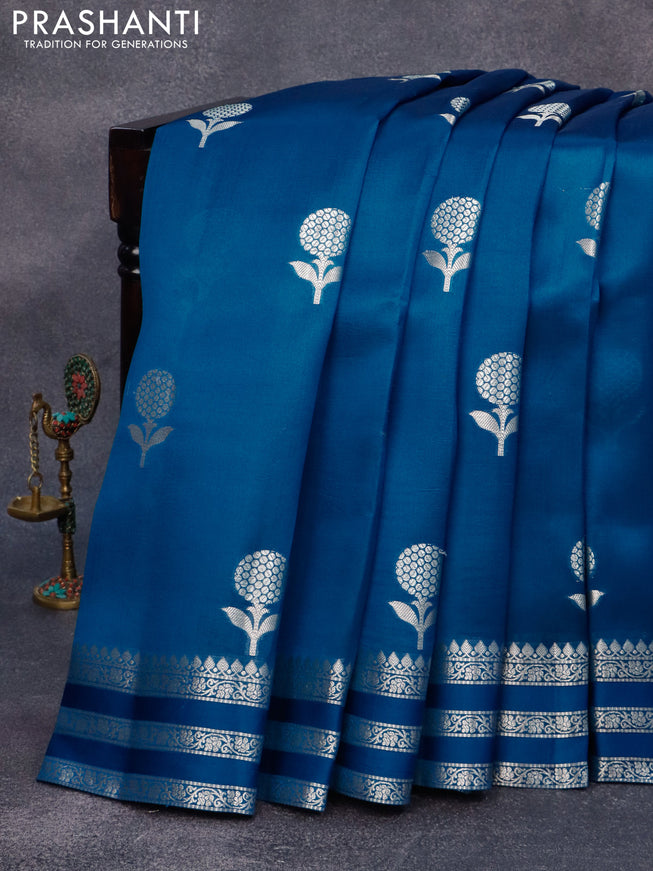 Chiniya silk saree cs blue and pink with zari woven floral buttas and zari woven border