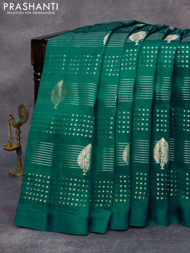 Chiniya silk saree peacock green and pink with allover zari weaves and simple border