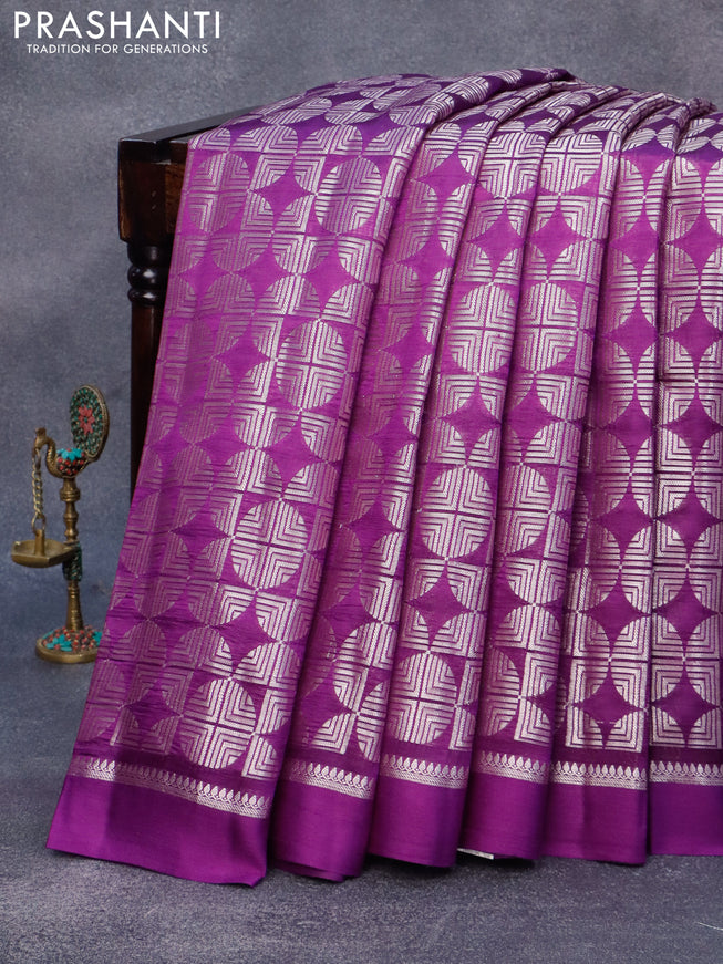 Chiniya silk saree violet and pink with allover silver zari woven broacde weaves and zari woven simple border