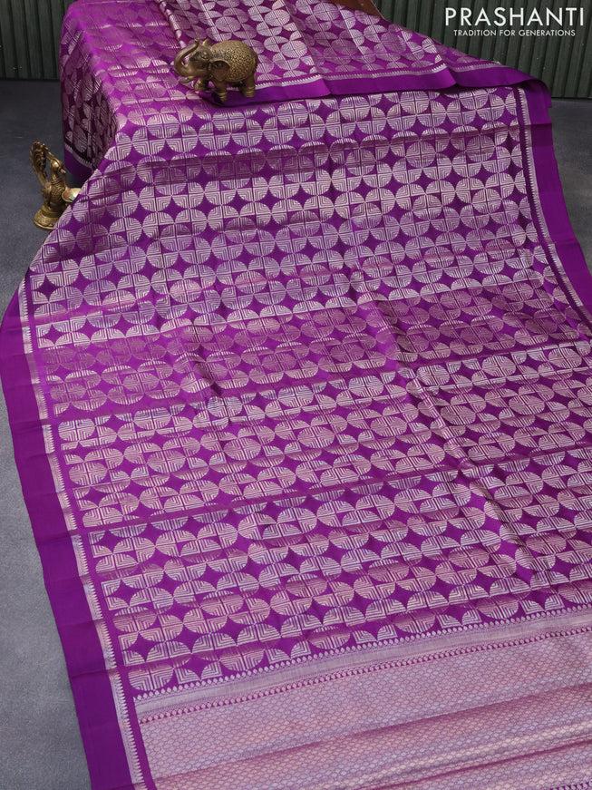 Chiniya silk saree violet and pink with allover silver zari woven broacde weaves and zari woven simple border