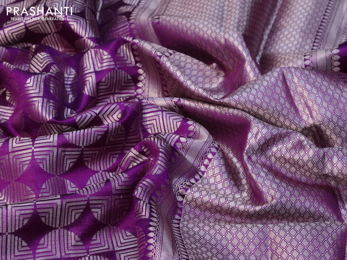 Chiniya silk saree violet and pink with allover silver zari woven broacde weaves and zari woven simple border