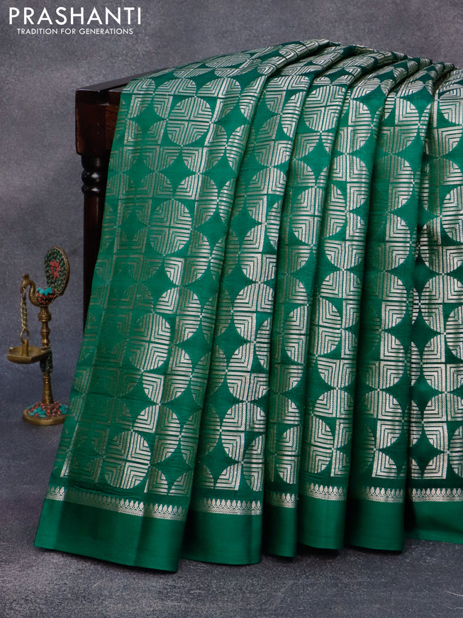 Chiniya silk saree green and red with allover silver zari woven broacde weaves and zari woven simple border