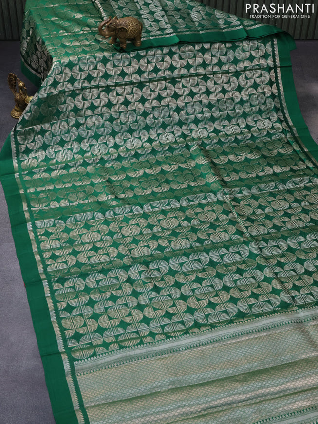 Chiniya silk saree green and red with allover silver zari woven broacde weaves and zari woven simple border