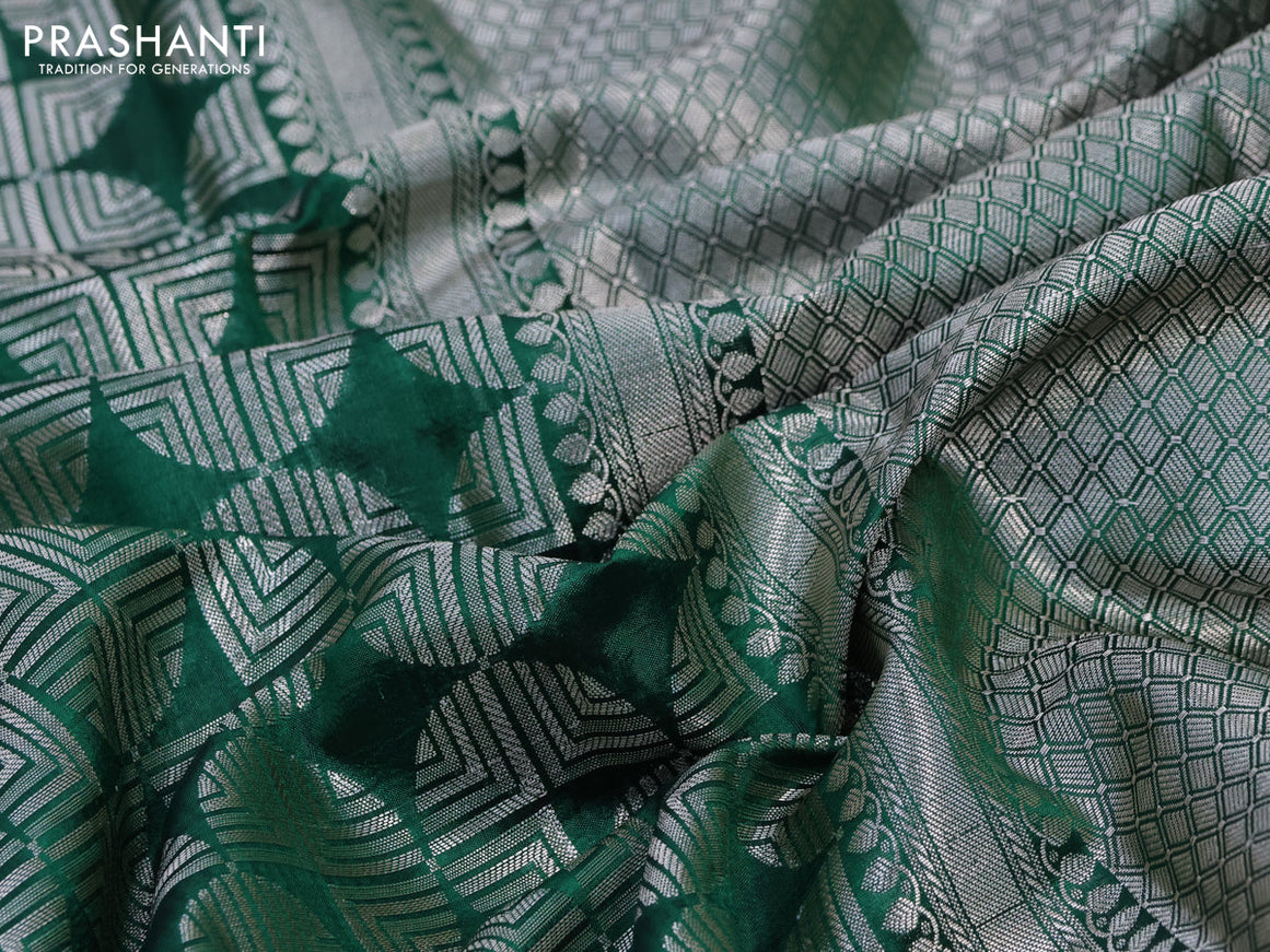 Chiniya silk saree green and red with allover silver zari woven broacde weaves and zari woven simple border