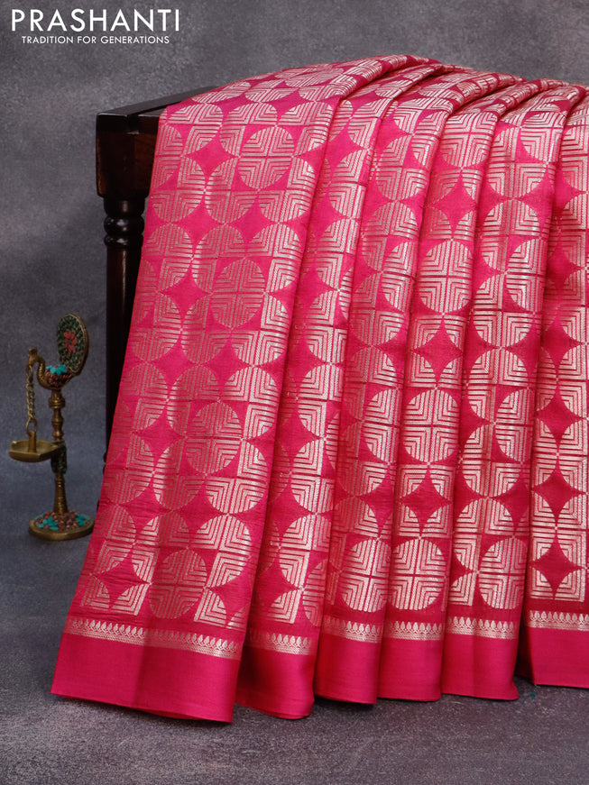 Chiniya silk saree magenta pink and deep purple with allover silver zari woven broacde weaves and zari woven simple border