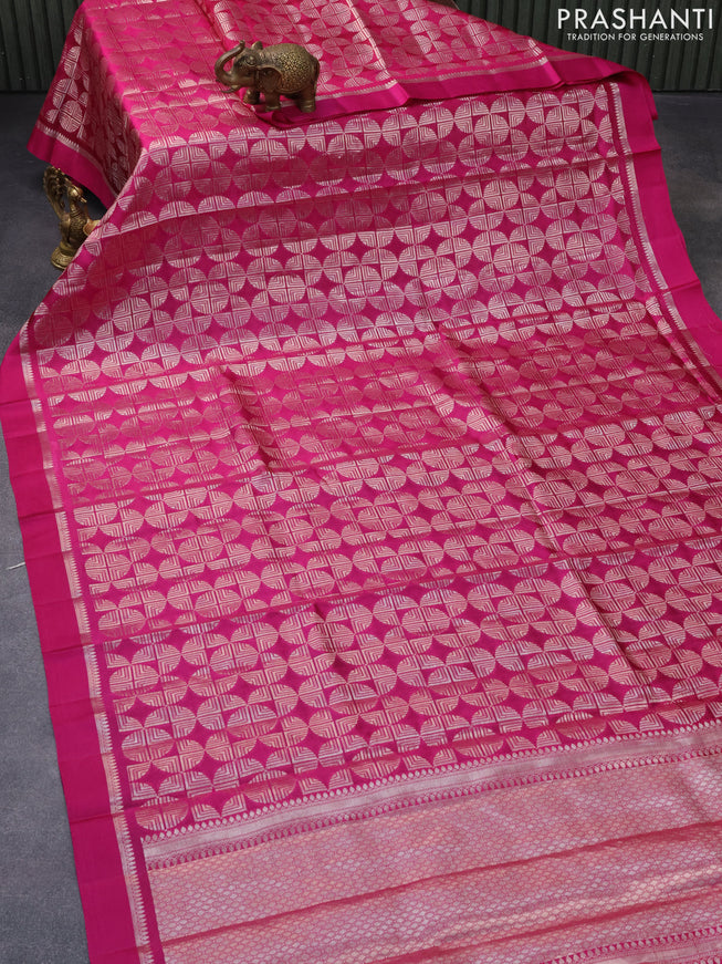 Chiniya silk saree magenta pink and deep purple with allover silver zari woven broacde weaves and zari woven simple border