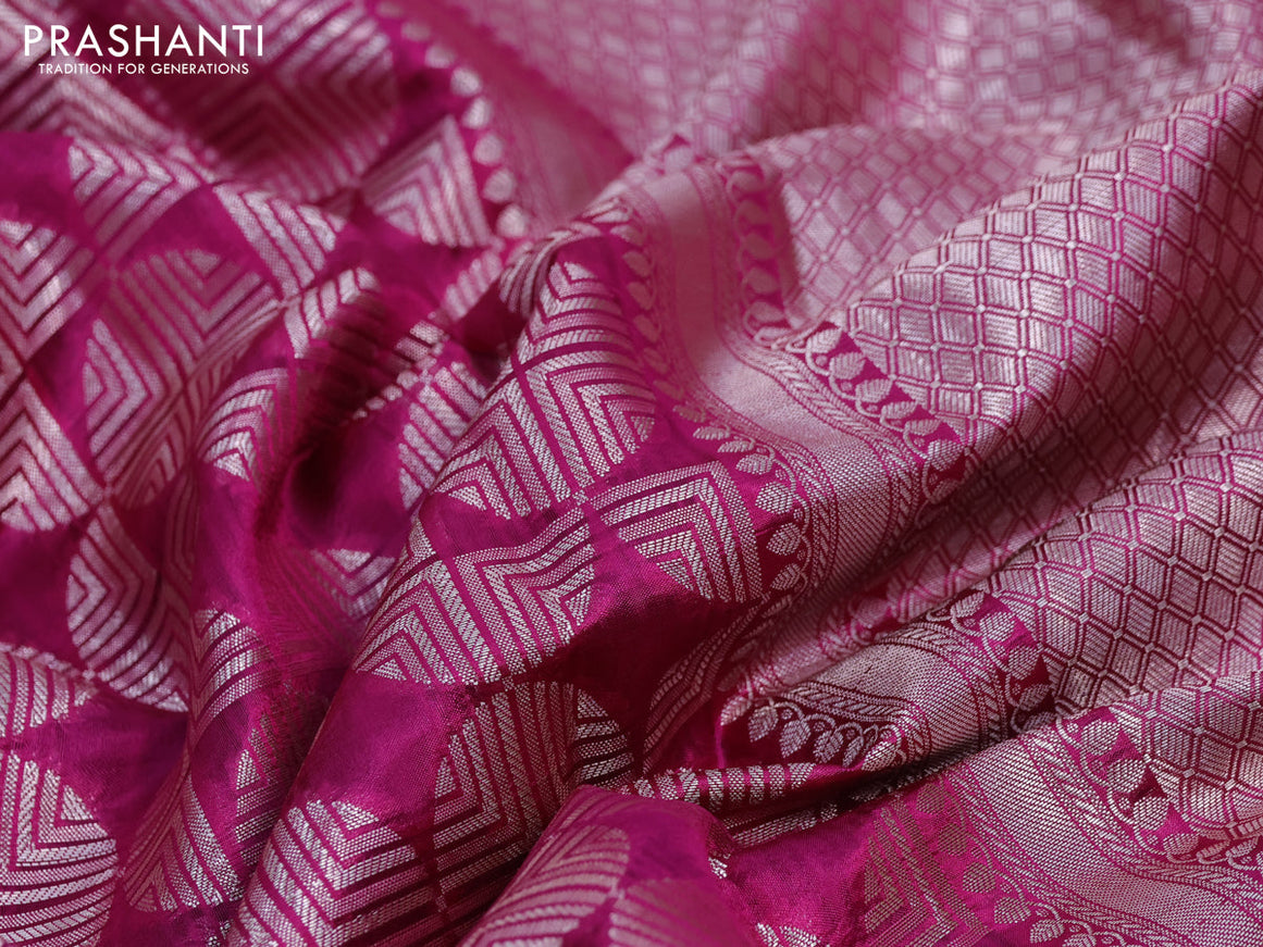 Chiniya silk saree magenta pink and deep purple with allover silver zari woven broacde weaves and zari woven simple border