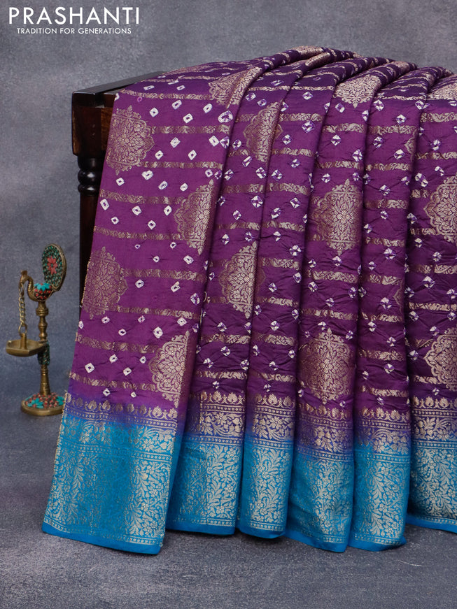 Chiniya silk saree deep violet and cs blue with allover zari weaves & bandhani prints and banarasi style border