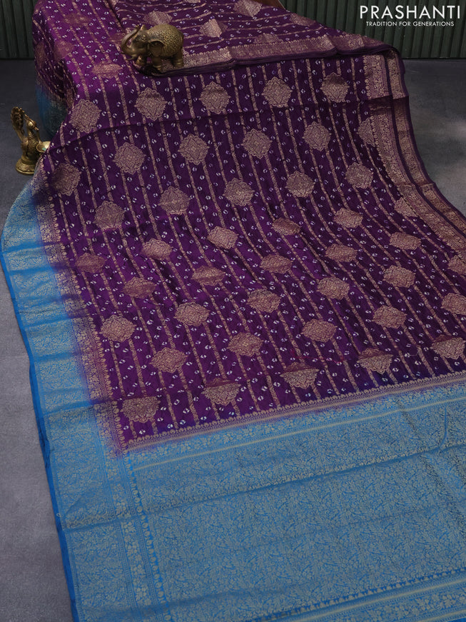 Chiniya silk saree deep violet and cs blue with allover zari weaves & bandhani prints and banarasi style border