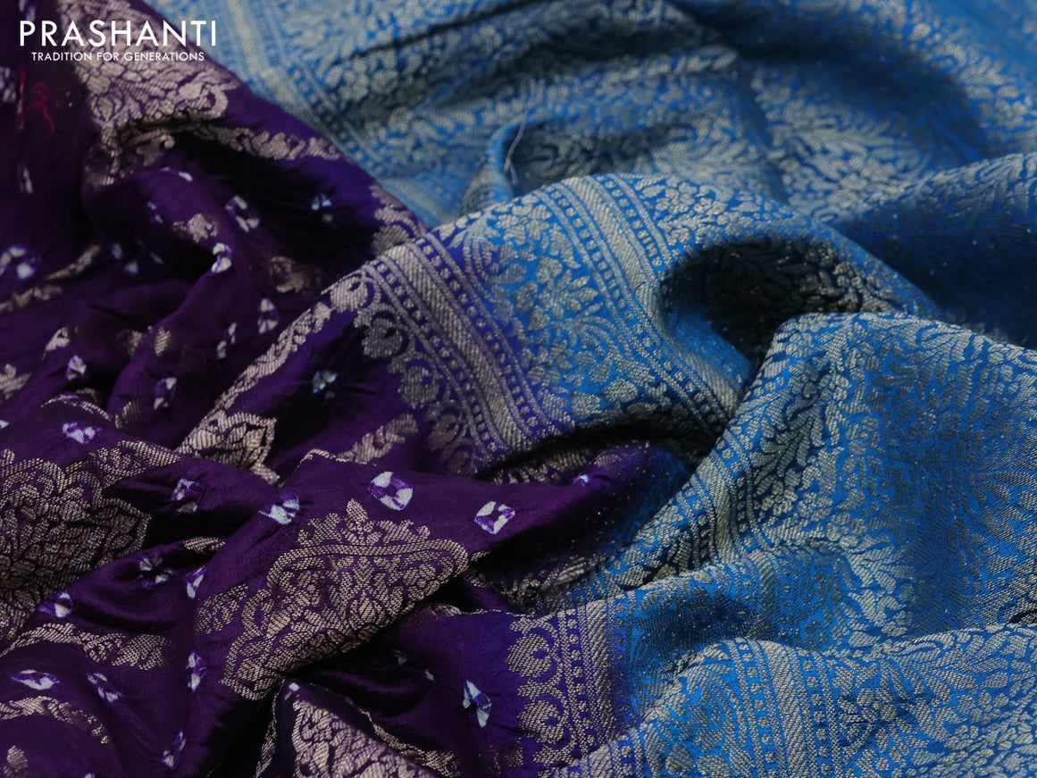 Chiniya silk saree deep violet and cs blue with allover zari weaves & bandhani prints and banarasi style border