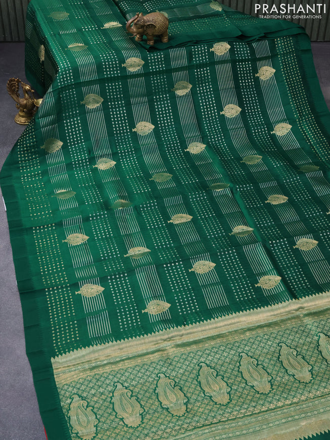 Chiniya silk saree green with allover zari weaves and simple border