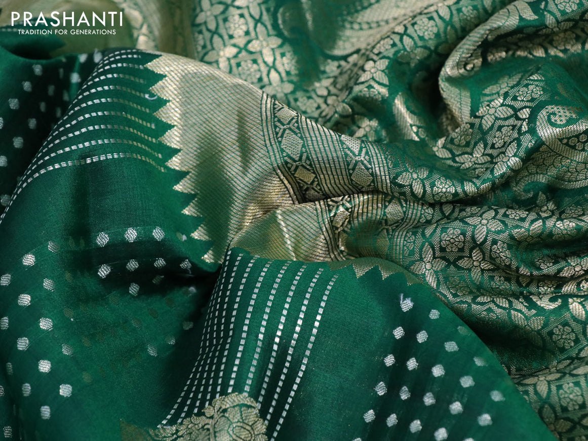 Chiniya silk saree green with allover zari weaves and simple border