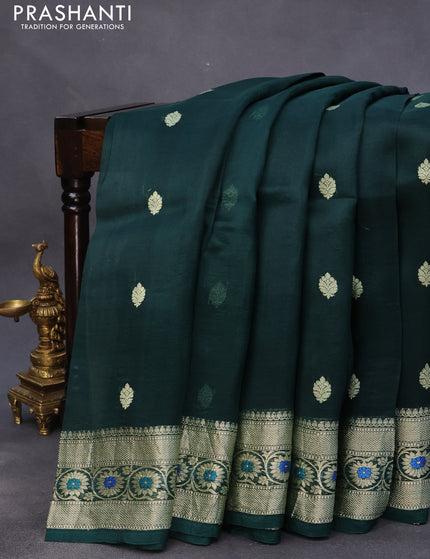 Banarasi organza silk saree dark green with thread & zari woven buttas and woven border