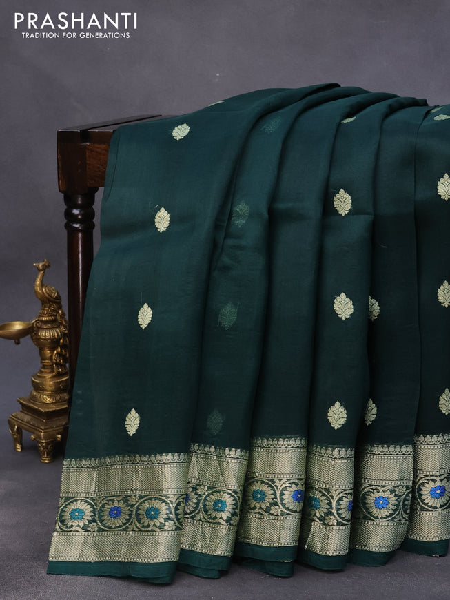 Banarasi organza silk saree dark green with thread & zari woven buttas and woven border