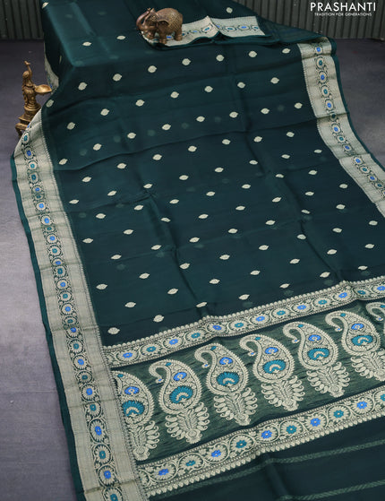 Banarasi organza silk saree dark green with thread & zari woven buttas and woven border