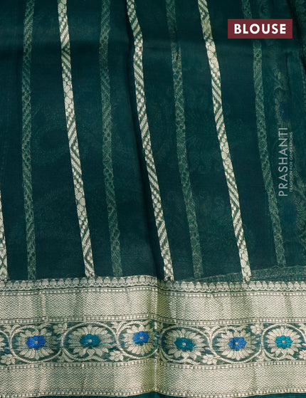 Banarasi organza silk saree dark green with thread & zari woven buttas and woven border