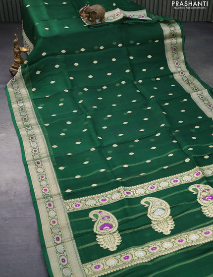 Banarasi organza silk saree green with thread & zari woven buttas and woven border