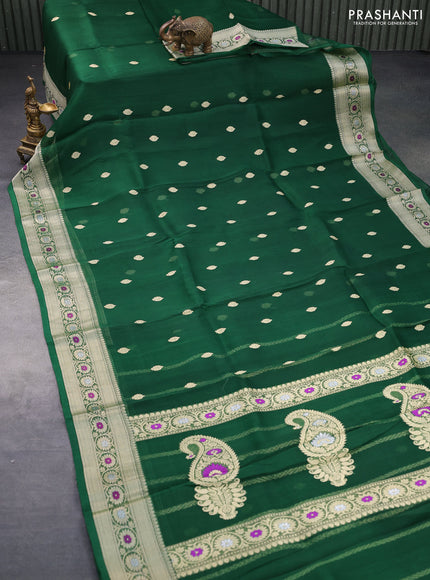 Banarasi organza silk saree green with thread & zari woven buttas and woven border