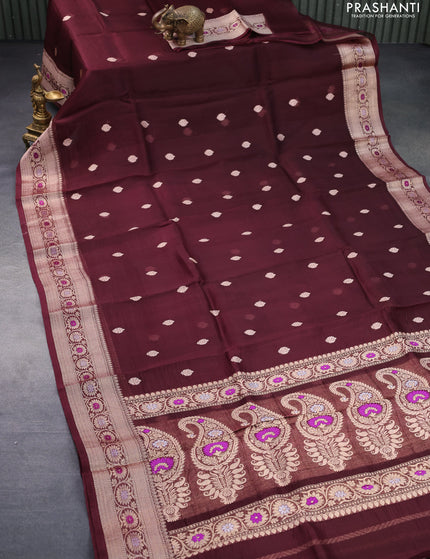 Banarasi organza silk saree deep maroon with thread & zari woven buttas and woven border