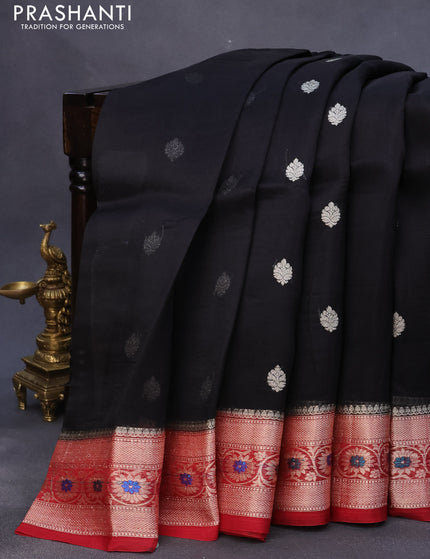 Banarasi organza silk saree black and maroon with thread & zari woven buttas and woven border