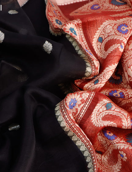 Banarasi organza silk saree black and maroon with thread & zari woven buttas and woven border