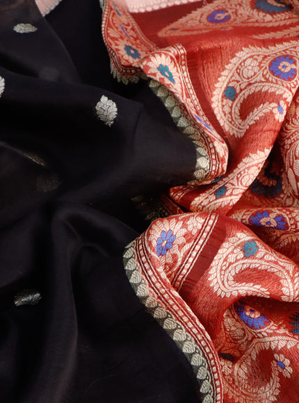 Banarasi organza silk saree black and maroon with thread & zari woven buttas and woven border