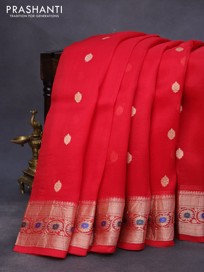 Banarasi organza silk saree red with thread & zari woven buttas and woven border