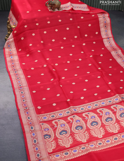 Banarasi organza silk saree red with thread & zari woven buttas and woven border