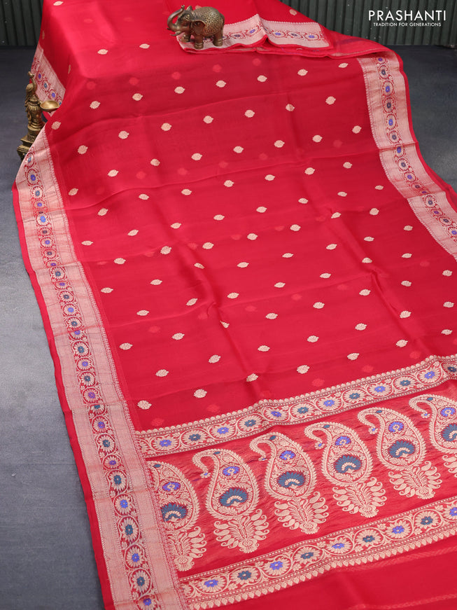 Banarasi organza silk saree red with thread & zari woven buttas and woven border