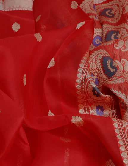 Banarasi organza silk saree red with thread & zari woven buttas and woven border