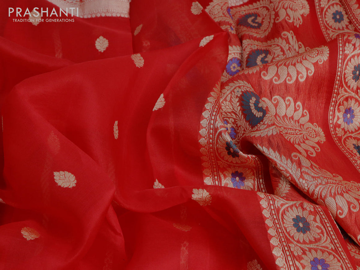 Banarasi organza silk saree red with thread & zari woven buttas and woven border