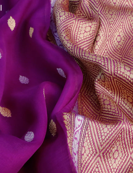 Banarasi organza silk saree purple with allover thread & zari woven buttas and long zari woven border