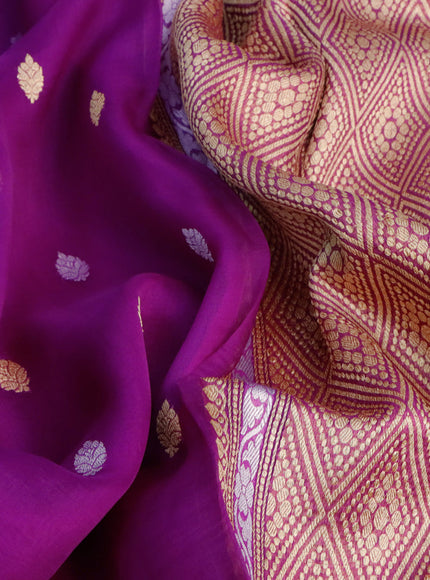 Banarasi organza silk saree purple with allover thread & zari woven buttas and long zari woven border