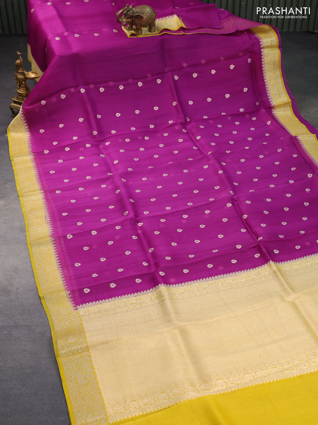 Banarasi organza silk saree purple and yellow with allover thread & zari woven buttas and woven border