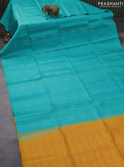 Pure soft silk saree teal blue and dark mustard with silver & gold geometric zari buttas in borderless style