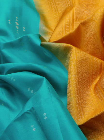 Pure soft silk saree teal blue and dark mustard with silver & gold geometric zari buttas in borderless style