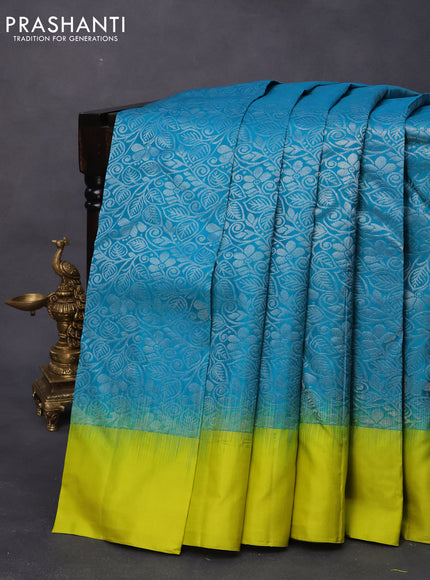 Pure soft silk saree teal blue and lime green with allover silver zari woven brocade weaves and long silver zari woven border