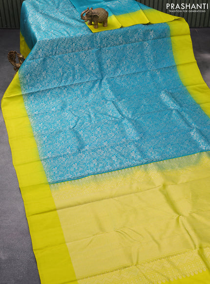 Pure soft silk saree teal blue and lime green with allover silver zari woven brocade weaves and long silver zari woven border