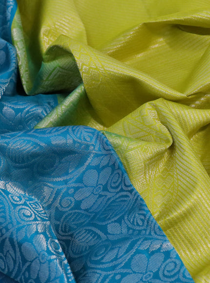 Pure soft silk saree teal blue and lime green with allover silver zari woven brocade weaves and long silver zari woven border