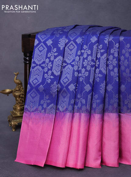 Pure soft silk saree blue and pink with allover silver zari woven brocade weaves and long silver zari woven border