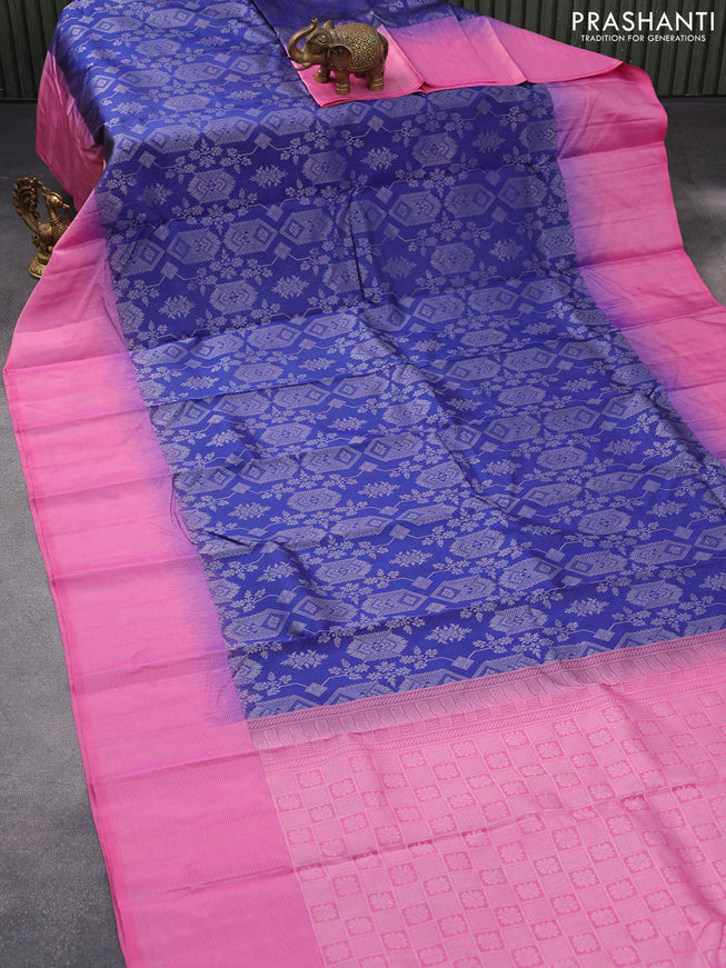 Pure soft silk saree blue and pink with allover silver zari woven brocade weaves and long silver zari woven border